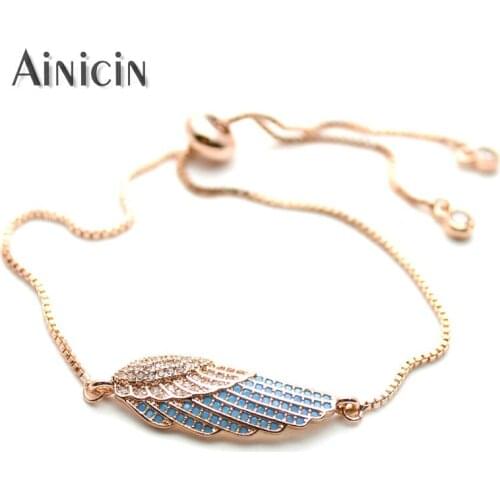Rose Gold Plating Single Wing Blue CZ Stone Micro-insert 2mm Box Chain Adjustable Women Bracelets Easy Wear Jewelry