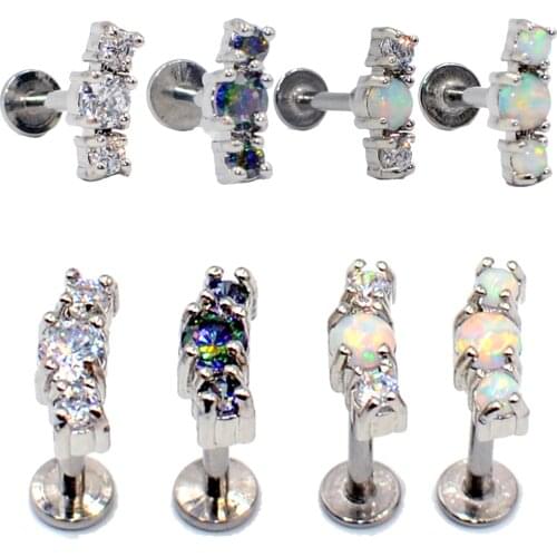 4PCS Trio Opal Zircon G23 Titanium&Steel Ear Tragus Helix Cartilage Earring Stud Labret Monore Lip Stud Ring Piercing Jewelry