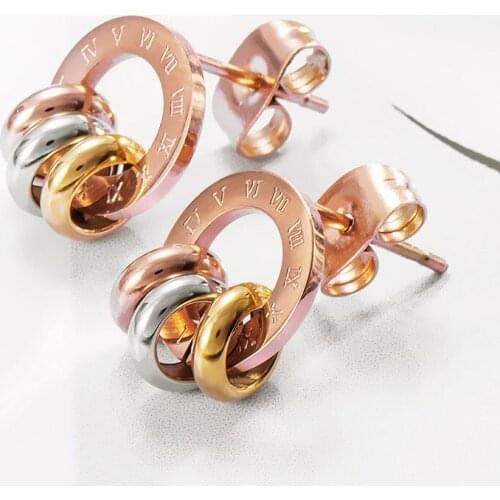 Luxury Brand Rose Gold Color Roman Numerals Stainless Steel Stud Earrings for Women Girls Best Fashion Jewelry Gifts Bjioux