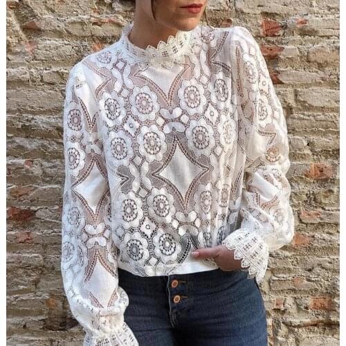 Women Lace Blouse Elegant Formal Embroidery Long Sleeve White Shirts Office Lady Flower Hollow Fashion Female Chemise Clothing