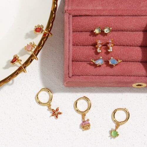2021 Summer Ocean Animal Accessories Blue Pink Red Zircon Jewelry for Women Dolphin Turtle Crab Gold Stud Earrings Set for Girls