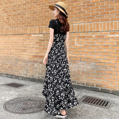 Women Fashion Summer Floral Chiffon Dress Daisy Flower Ankle-length Braces Dress Accentuate Body Figure Hugging Waist Sweet Lady