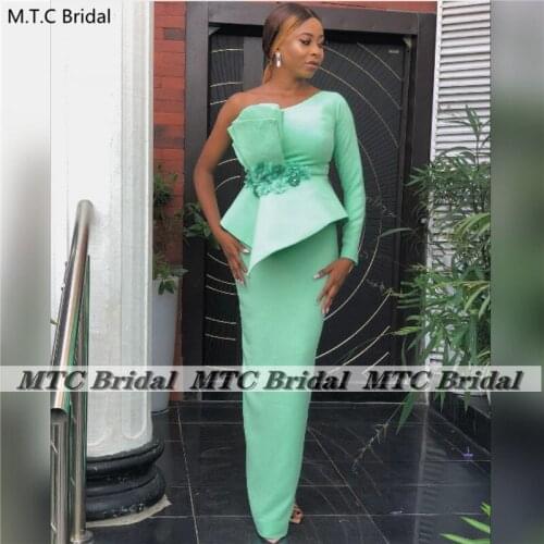 Mint Green One Shoulder Long Sleeve Prom Dresses Sheath Ruffles Flowers 2021 Black Women Formal Party Gowns For Prom Custom Made