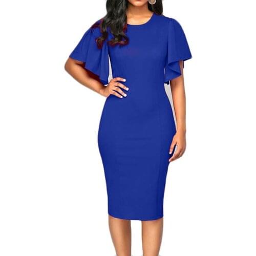 Pure Color Dress Ladies Round Neck Pleated Sleeves Temperament Package Hip Tight Skirt