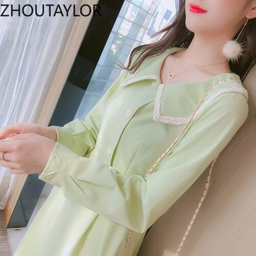 ZHOUTAYLOR woman dress fashion Autumn Peter pan Collar vestidos femme Button high waisted Office Lady Full sleeve female dresses