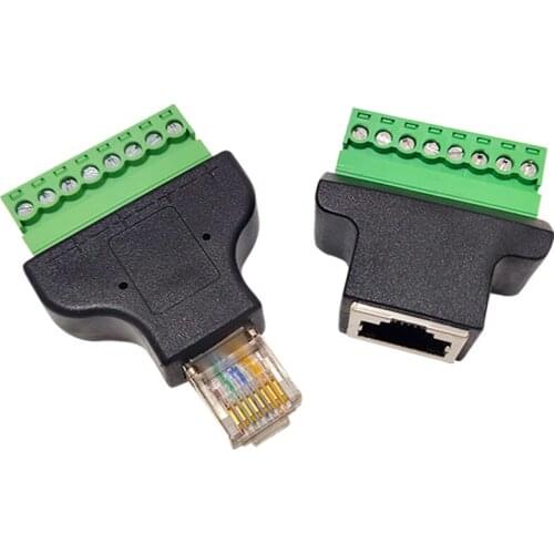 2Pcs Ethernet RJ45 Male Plug to 8 Pin AV Screw Jack Terminal Block CCTV Adapter Connector