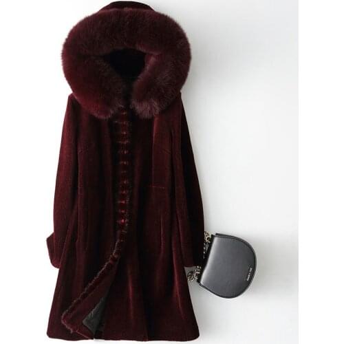 2020 Real Coat Women Winter Sheep Shearing 100% Wool Jacket Fox Fur Collar Hooded Plus Size Manteau Femme XESD1813 KJ3653