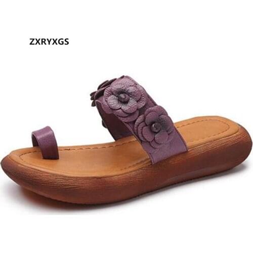 2021 New Summer Open Toe Slippers Classic Flowers Cowhide Platform Flat Sandals Fashion Casual Outer Wear Slippers Women Sandals