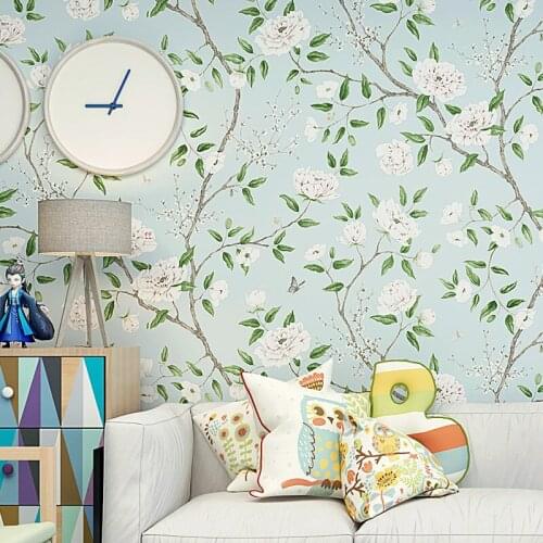 American Country Pastoral Wallpaper Green Color Hipster Artistic Light Blue Bedroom Background of Television in the Drawing Room