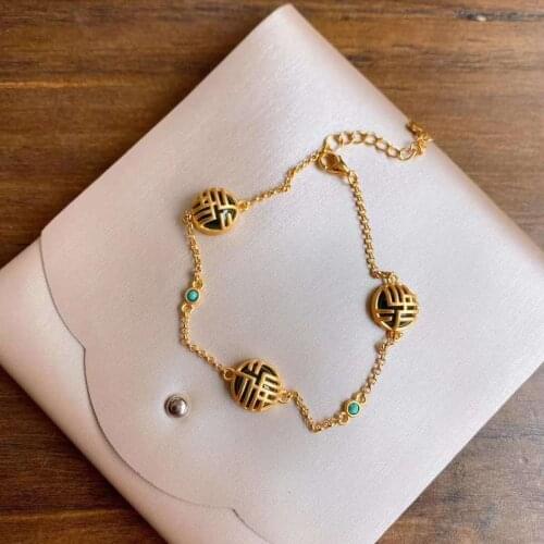 Natural Hetian Jade Bracelet Retro Womens Chinese Style Classic Court Classical Fu Character Silver Bracelet Non-Fading Ornamen