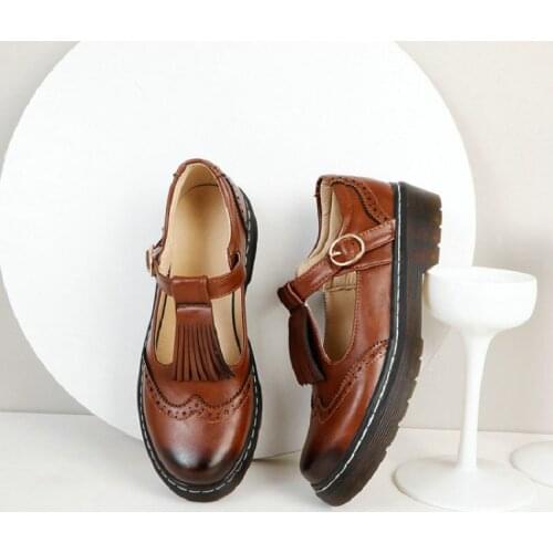 ZawsThia Brogues Design Retro Ladies Office Career Casual Flats Rubber Sole T-strap Womens Creepers Mary Janes Shoes With Tassel
