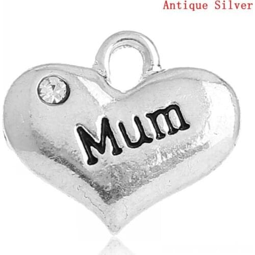 DoreenBeads Charm Pendants Heart Silver Color Color Clear Rhinestone Mothers Day Gift 16x14mm, 20PCs