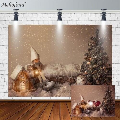 Merry Christmas Tree Backdrop White Snowflake Bokeh Doll Owl House Kid Photography Background Photo Studio Photocall Decor Props