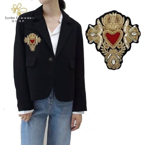 Exquisite Indian Silk Crown Heart Emblem Clothing Decoration Handmade Bullion Wire Badges Sew on