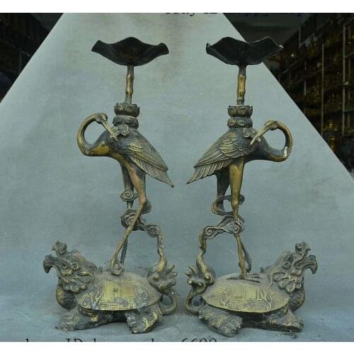 China Bronze Fengshui Dragon Tortoise Bird Candle Holder Candlestick Statue Pair