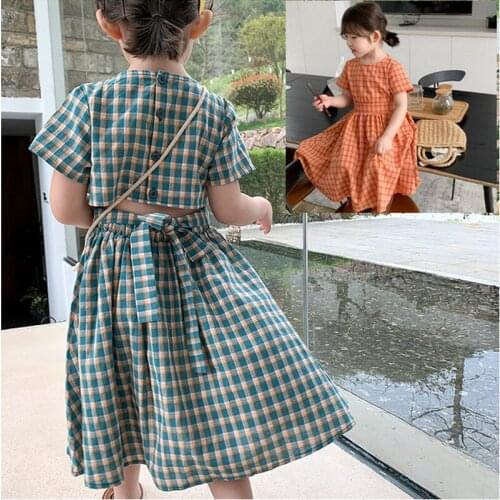 Girls Plaid Waist Tether Dress Princess Dress Summer New Childrens Clothing princess dress girls dresses
