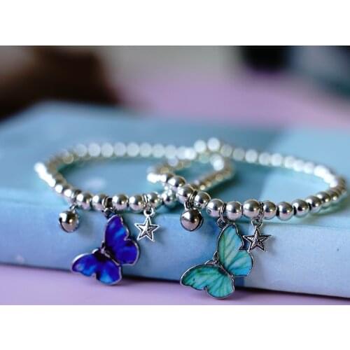 Korea A Pair of Alloy Beaded Blue Butterfly Bracelets Simple Literary Ins Cold Style Elastic Rope Jewelry for Girlsls