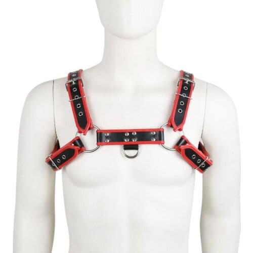 Red Faux Leather Body Belts Men Harness Bondage Tank Tops Rings Chest Straps Punk Gothic Clubwear Adjustable Restraint Lingerie