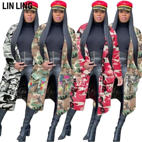 Long Casual Fashion Lapel Letter Pattern Camouflage Printing Pasted Cloth Windbreaker Coat