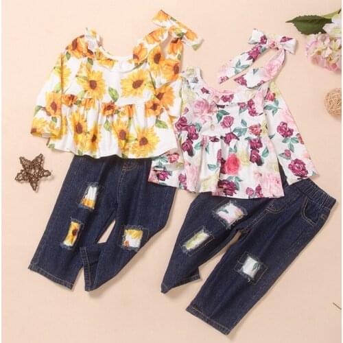 Fashion Clothes Spring Fall Toddler Girl Clothes 3 Pieces Sunflower Print Ruffles Tops+hole Jeans+headband Kids Clothes Girls