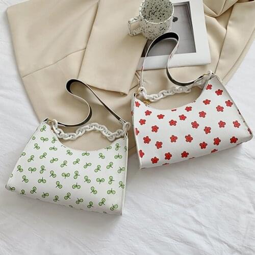 Fashion Women Flower Pattern Printing PU Leather Shoulder Underarm Bag Casual Ladies Chain Small Handbags Purse