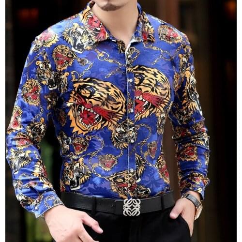 Top Brand High Quality New Arrive Personalized Cool Mens Silk Long Sleeved Shirts Leopard Tiger Printed Shirts Size 3XL