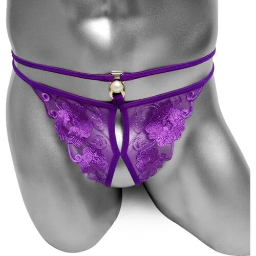 Embroidery Sissy Thong Panties for Mens Underwear Open Crotch Sexy Gay Bikini Lingerie Jockstrap Male G string T Back Underpants