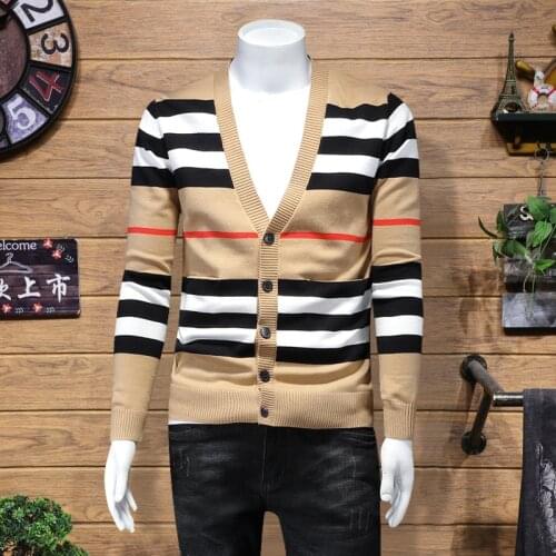 New Autumn Winter Men Classic British Stripe V neck knitted Button Up Cardigan korean Fashion Male sweater jersey Coat Clothes