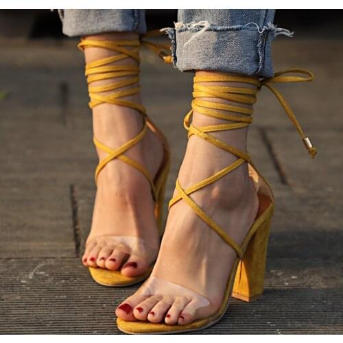 New summer 2021 Womens Sandal with High Heel Lash Chunky Heel with Crystal Sequins Large Size Sandal for Women Sexy sandal