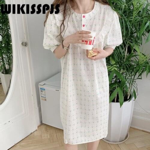 2021 Summer New Korean Cotton Wave Stripe Flower Home Wear Lace Dress Girls' Nightdress Lace Sleepwear Women Nightgown