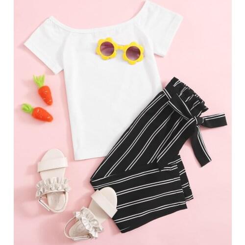 2-7Y Kids Baby Girl Clothes Set Solid Color Short Sleeve T-shirt Tops+Bow Striped Casual Waistband Long Pants for Summer