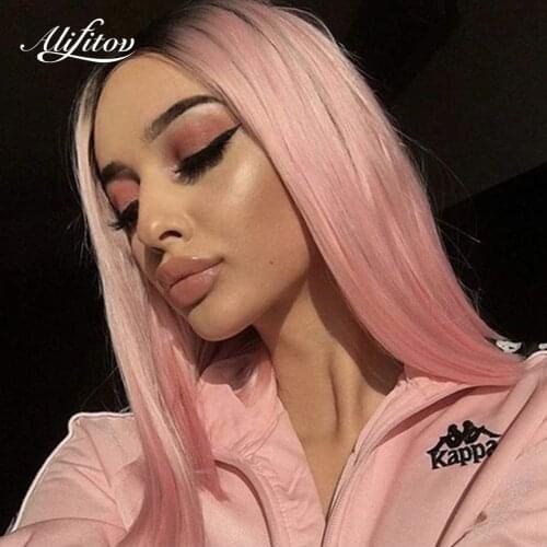 ALIFITOV Ombre Pink Lace Front Wigs Straight Human Hair Wigs With Brown Roots Pre-plucked Wigs For Women