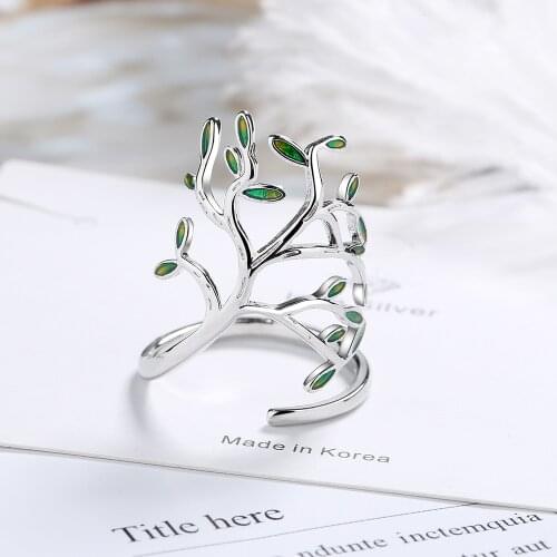Adjustable Size Green Leaf 925 Silver Finger Couple Ring For Women Party Wedding Jewelry jz423