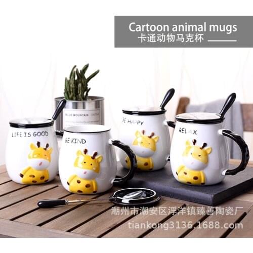 Embossed hand-colored deer ceramic cup with lid spoon water cup cute coffee mug cartoon office cup breakfast