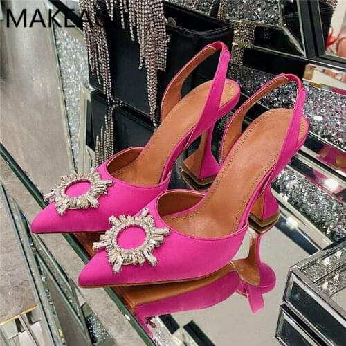 Rose Red Women Crystal Shoes High Slingbacks Shoes Slip-on Shoes Genuine Leather Shoes Woman Shoes Hoof Heels Shoes Pumps 2021