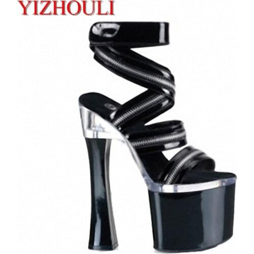 18 cm square heel sandals, metal zipper uppers embellished sexy heels, club dancers 8-inch platform sandals