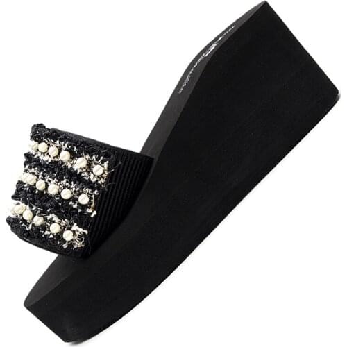 Summer Non-Slip Thick-Soled Pearl Webbing Flip Flops Fashionable Design Slope Heel Slippers Beach Sandals All-match Women Shoes