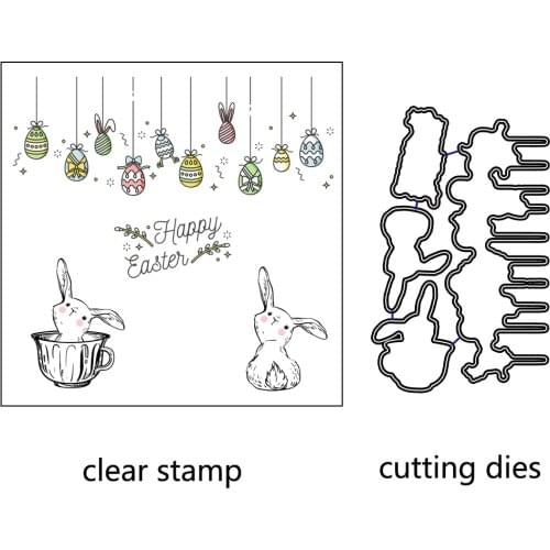 AZSG Easter Eggs Rabbit Cutting Dies Clear Stamps/Seals For DIY Scrapbooking/Card Making/Album Decorative Silicone Stamp Crafts
