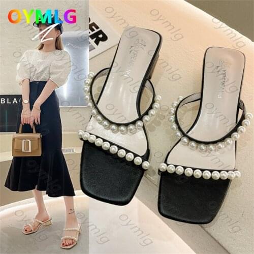 Slippers to wear 2021 new summer fashion pearl one word sandals crystal thick heel high heels womens shoes summer slipper
