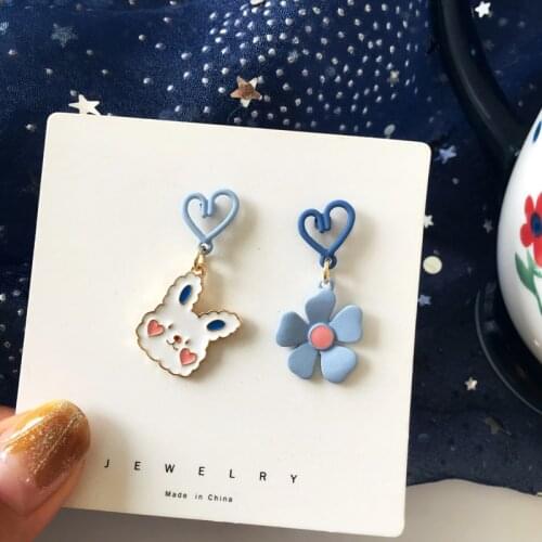 925 silver needle Cute bunny earrings sweet love flower asymmetric earrings