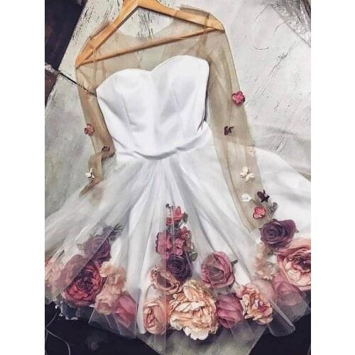 Pretty 3D Flower Lady Cocktail Dresses See Thru Full Sleeves Floral Short Homecoming Dresses Sweet Prom Gowns