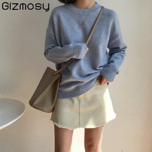 Gizmosy Autumn winter basic O-neck knitted jumpers for women Sweater casual loose warm long sleeve pullover knitted streetwear