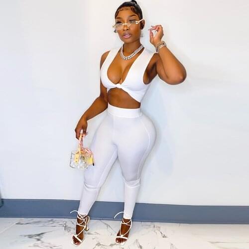 Solid Knot Front Bandage 2 Piece Set Women Summer Deep V-neck Cleavage Tank Top and Skinny Legging Matching Set Active Clothes