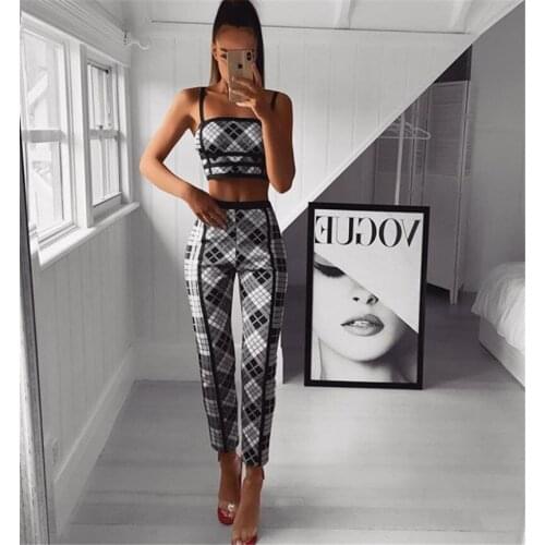 Top Quality Black Sexy Strap Sleevelss Lattice Pattern 2 Pieces Jacquard Women Bandage Sets Party Clothes