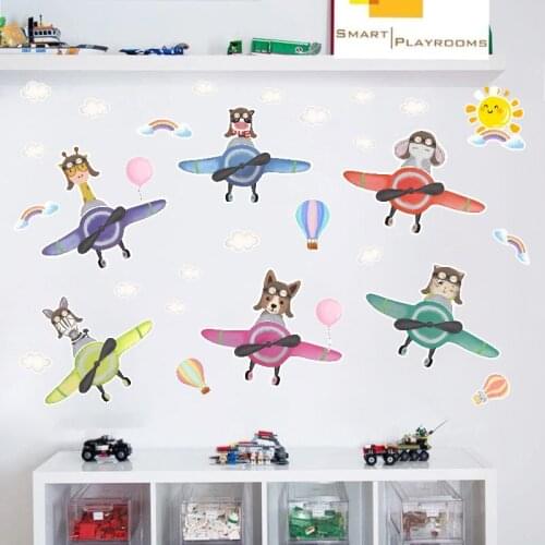 Animal Pilot Air-balloon DIY Wall Sticker FOR Baby Children Room Nursery Self-adhesive Tile Window Door Decals Home Decoration