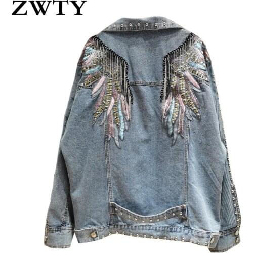 ZWTY Rivet Wings Coats Women Casual Embroidered Denim Jacket Sprint Short Denim Coat Jackets For Women Long Sleeve Chaqueta Muje