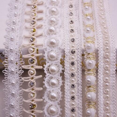 1yards White Pearl Beaded Lace Ribbon Lace Trim Tape Fabric Ribbon Beaded Fringe Handmade Sewing Materials Clothing Accessories