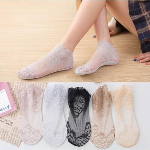 5Pairs/lot Lace Sexy Ladies Spring Summer Rose Breathable Short Tube Thin Stockings Mesh Lace High-Top Solid Color Socks
