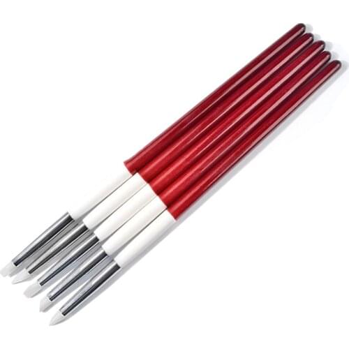 5Pcs/Set Silica Gel Nail Brush Red Wooden Handle Acrylic Brush Pen Nail Gel Builder Carving Dotting Drawing Tools