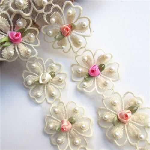 5 Yards Chiffon Pearl Flower Embroidered Lace Trim Ribbon Floral Applique Fabric Handmade DIY Wedding Dress Sewing Craft
